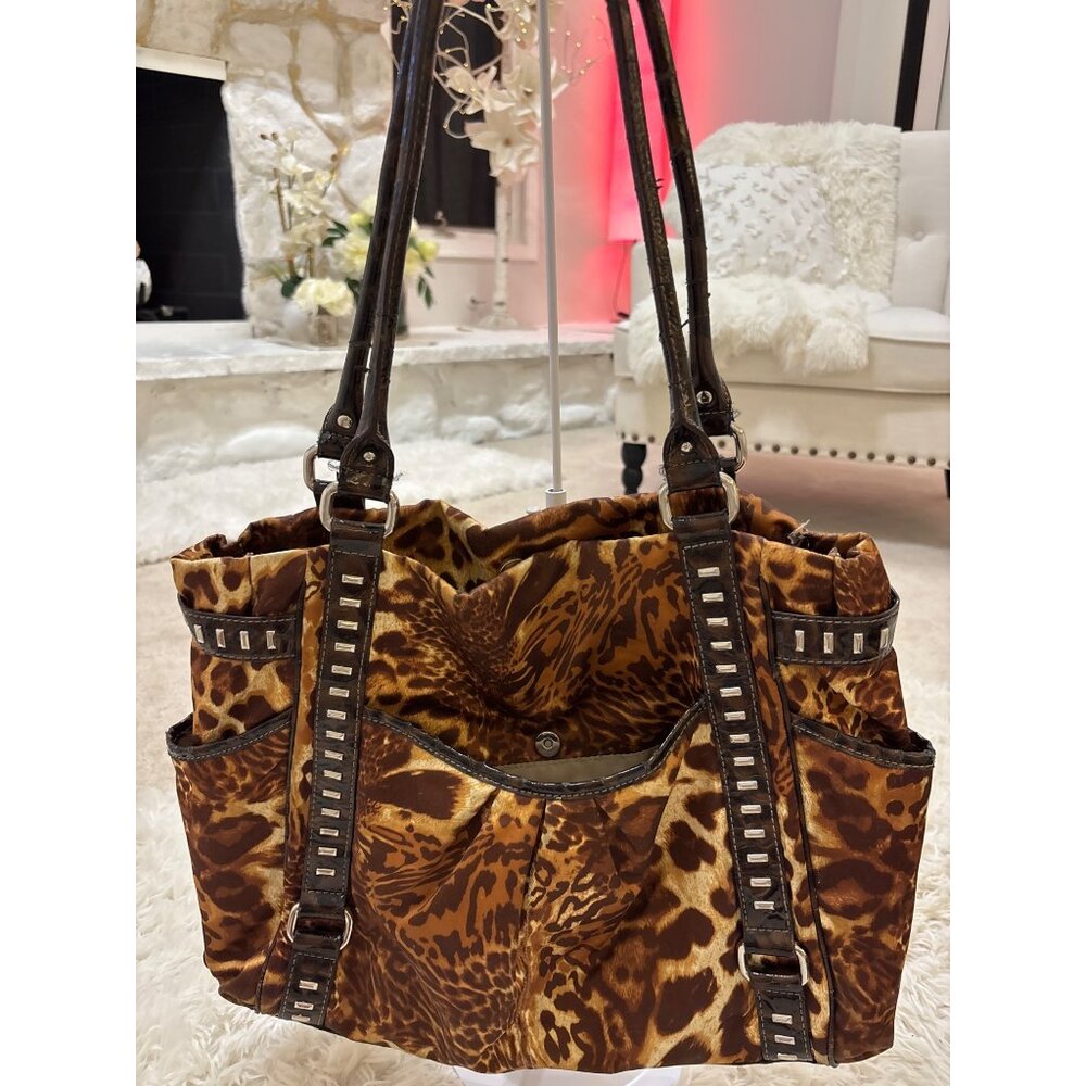 Leopard Print Genna De Rossi Tote With Studded Faux Leather Straps & Pockets